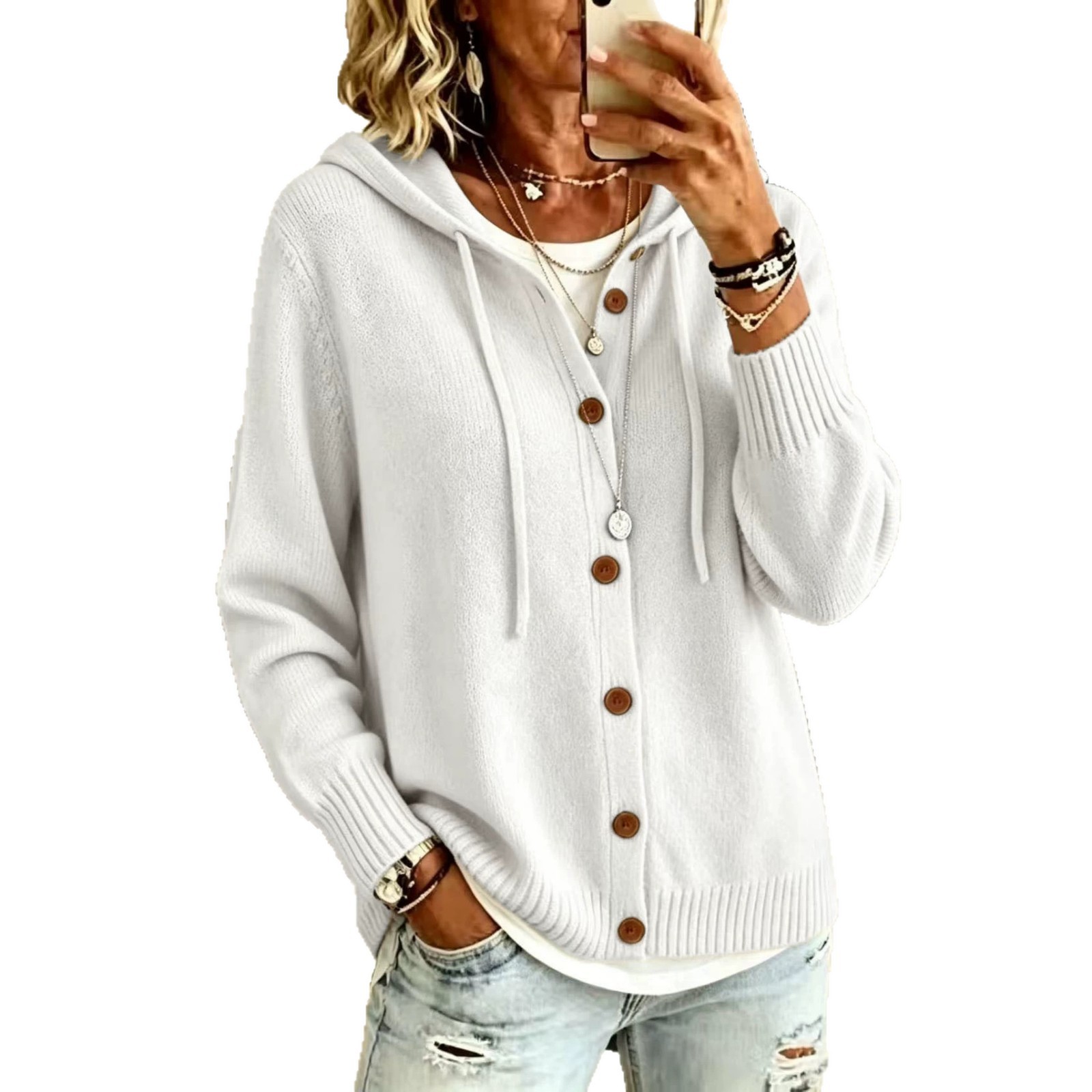 Women's Knit Hooded Drawstring Cardigan Sweater with Buttons
