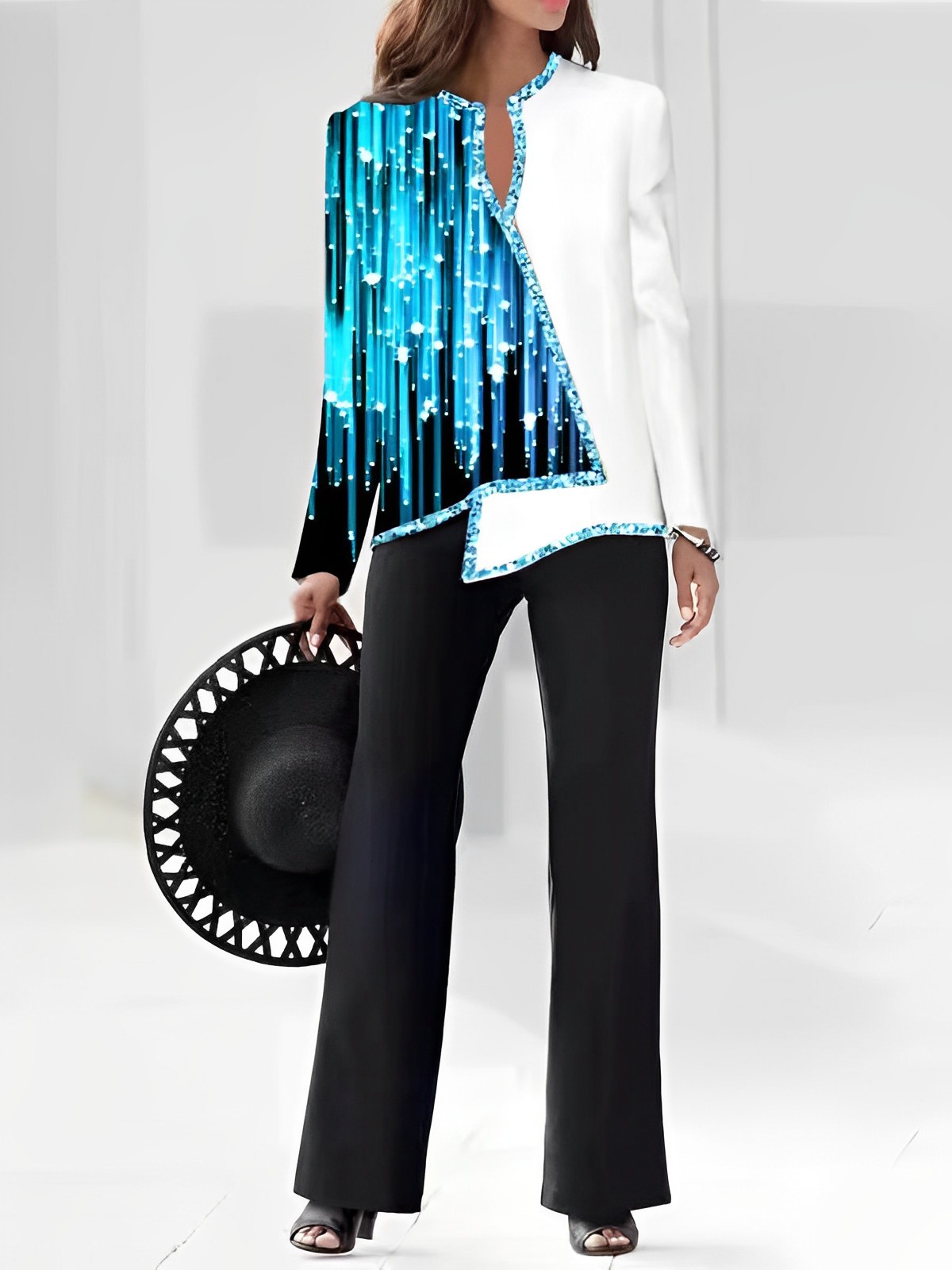 3D Digital Print V-Neck Asymmetric Shirt & Pants Set