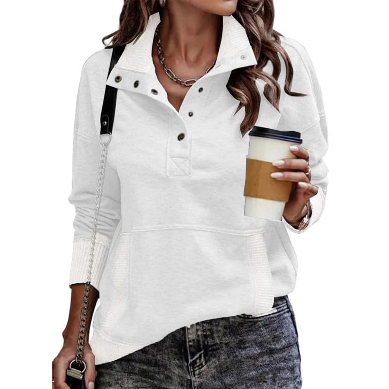 Women's Long Sleeve Stand Collar Button Pullover Sweatshirt