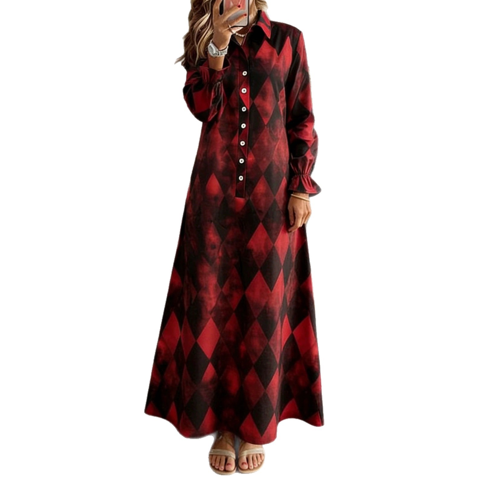 Plaid Ruffle Sleeve Loose A-Line Long Dress
