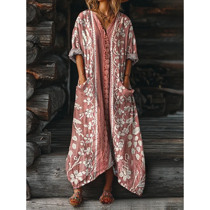 Women's Floral Ripple Print V-Neck A-Line Midi Dress Long Sleeve