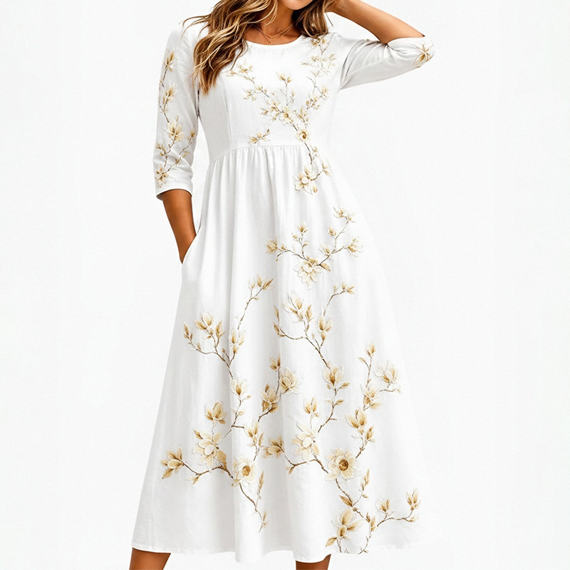 Women's Summer Printed Patchwork French Style Dress Casual A-Line Midi