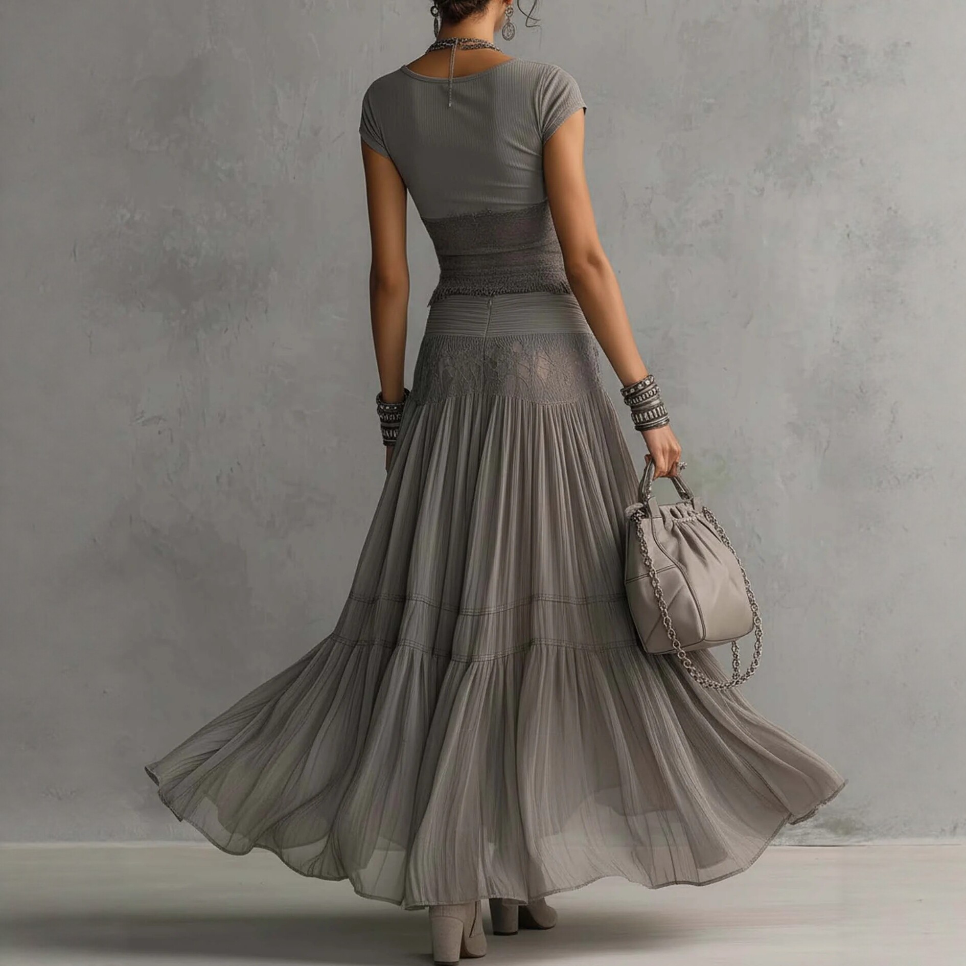 Gray Knit Top and Chiffon Maxi Skirt Two-Piece Set