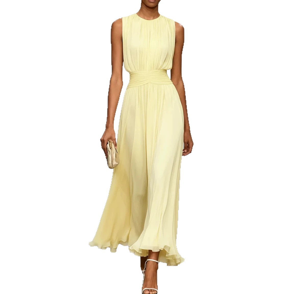 Women's Sleeveless A-Line Midi Dress with Elastic Waist