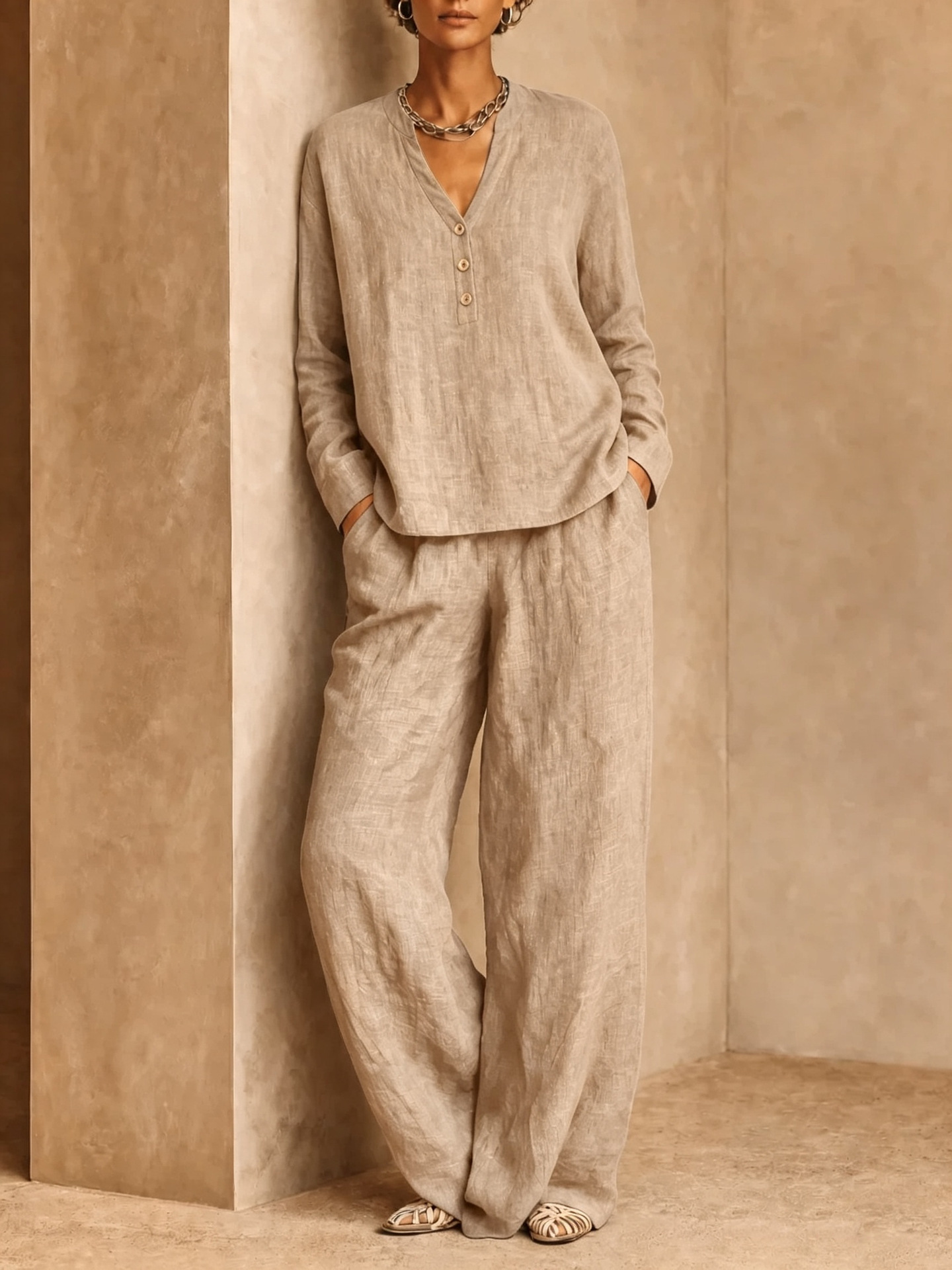 Women's V-Neck Button Solid Long Sleeve Top & Wide-Leg Pants 2-Piece Set