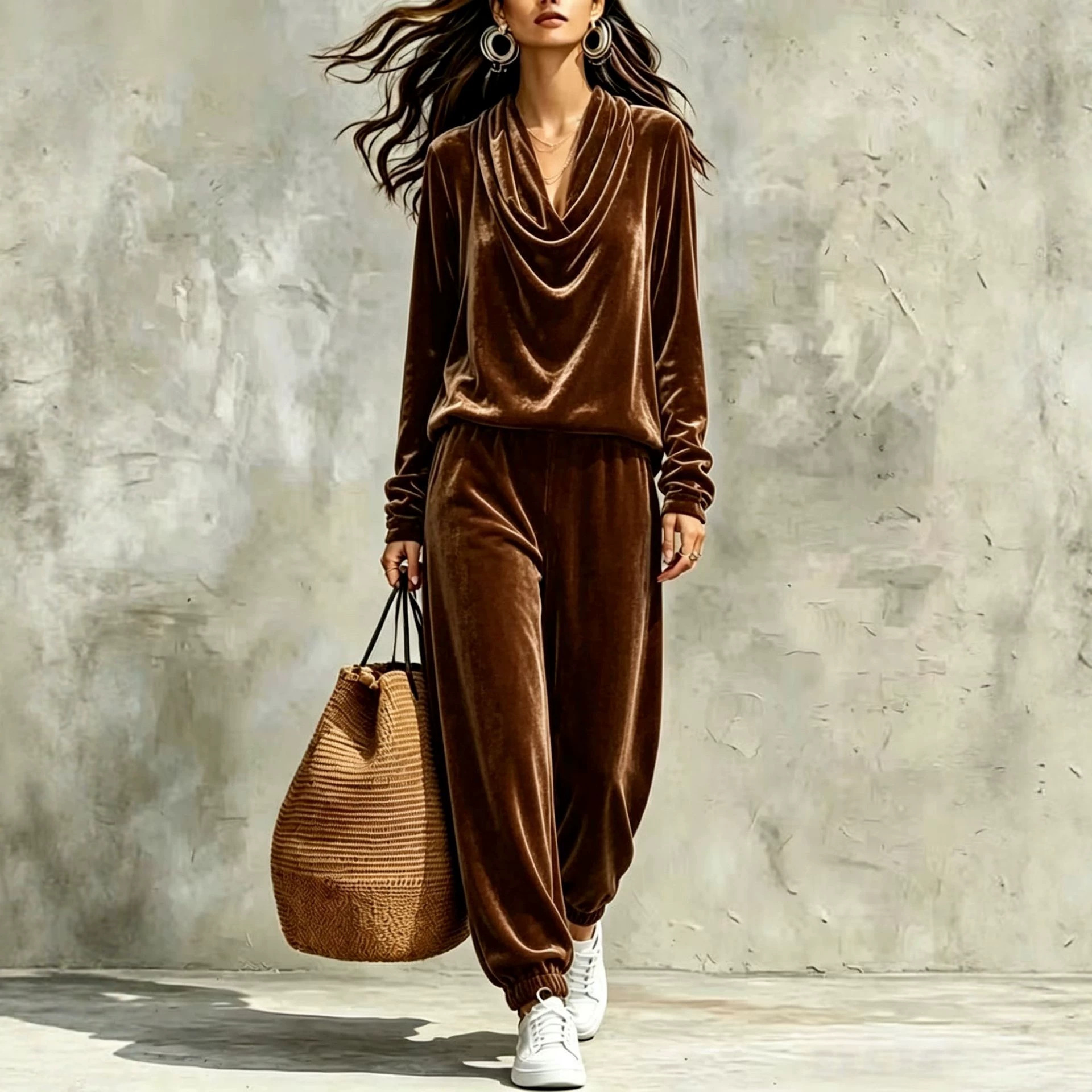 Women's Cowl Neck Long Sleeve Top and Jogger Pants Set Slimming Casual Two-Piece