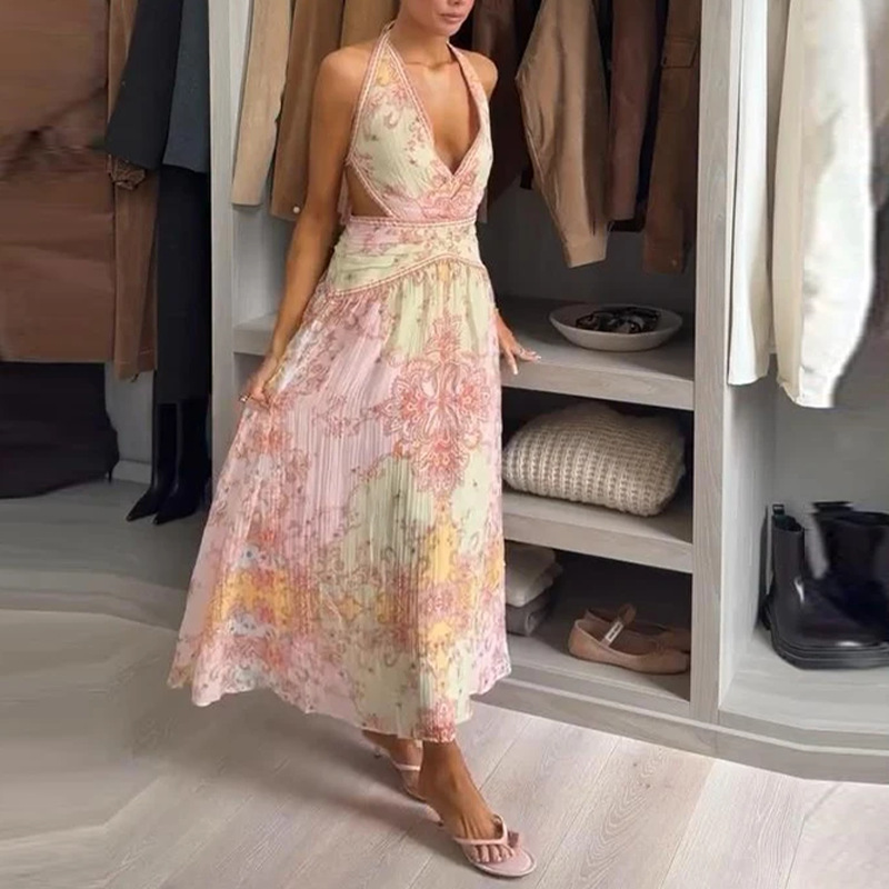 Women's Halter Neck Printed A-Line Maxi Dress