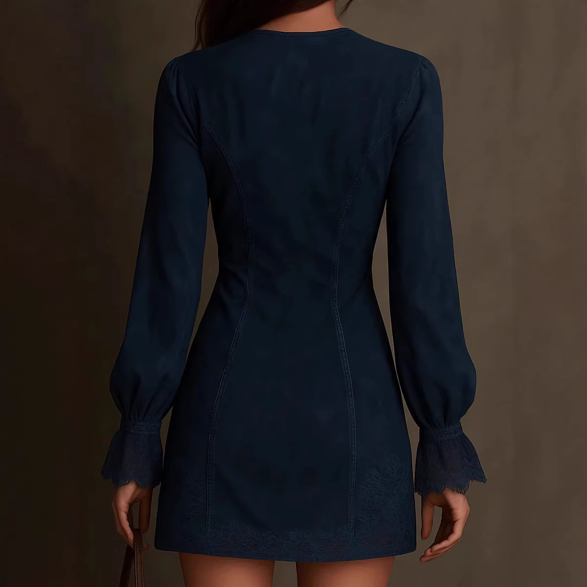 Women's Zip Lace Trim V-Neck Long Sleeve Embroidered Dress