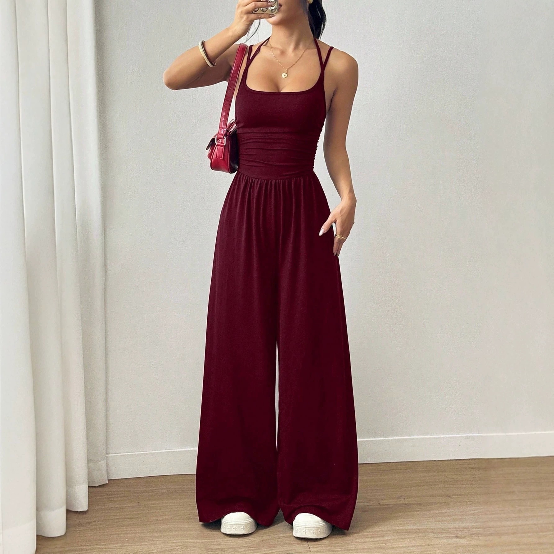 Women's Sleeveless Cami Wide-Leg Jumpsuit Casual Solid Color