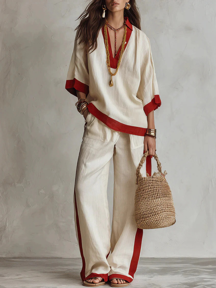 Color-Block Linen-Look V-Neck Top & Wide-Leg Pants Set