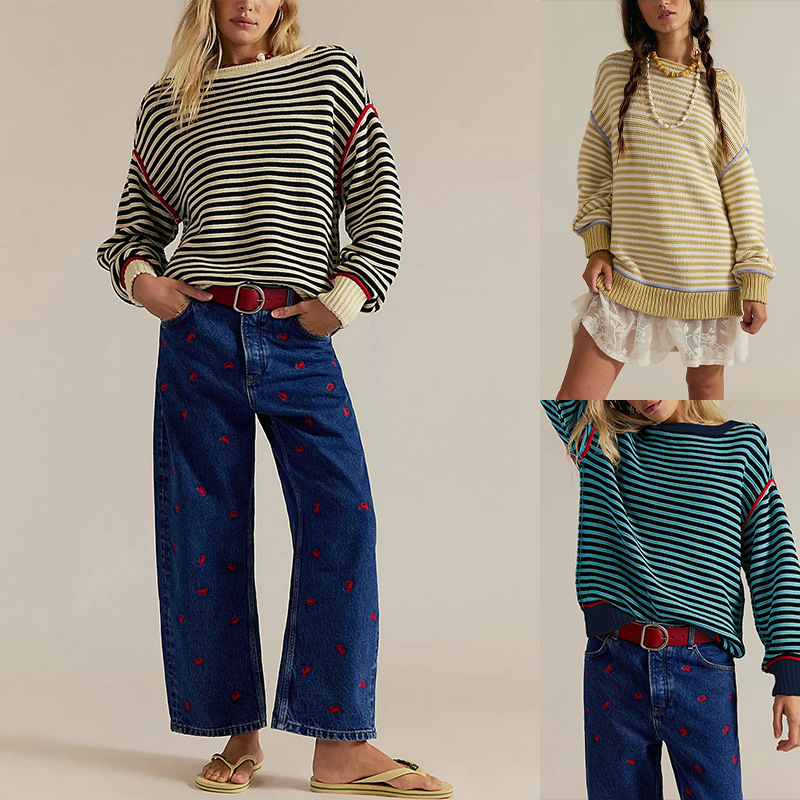 Striped Knit Crewneck Pullover Loose Sweater