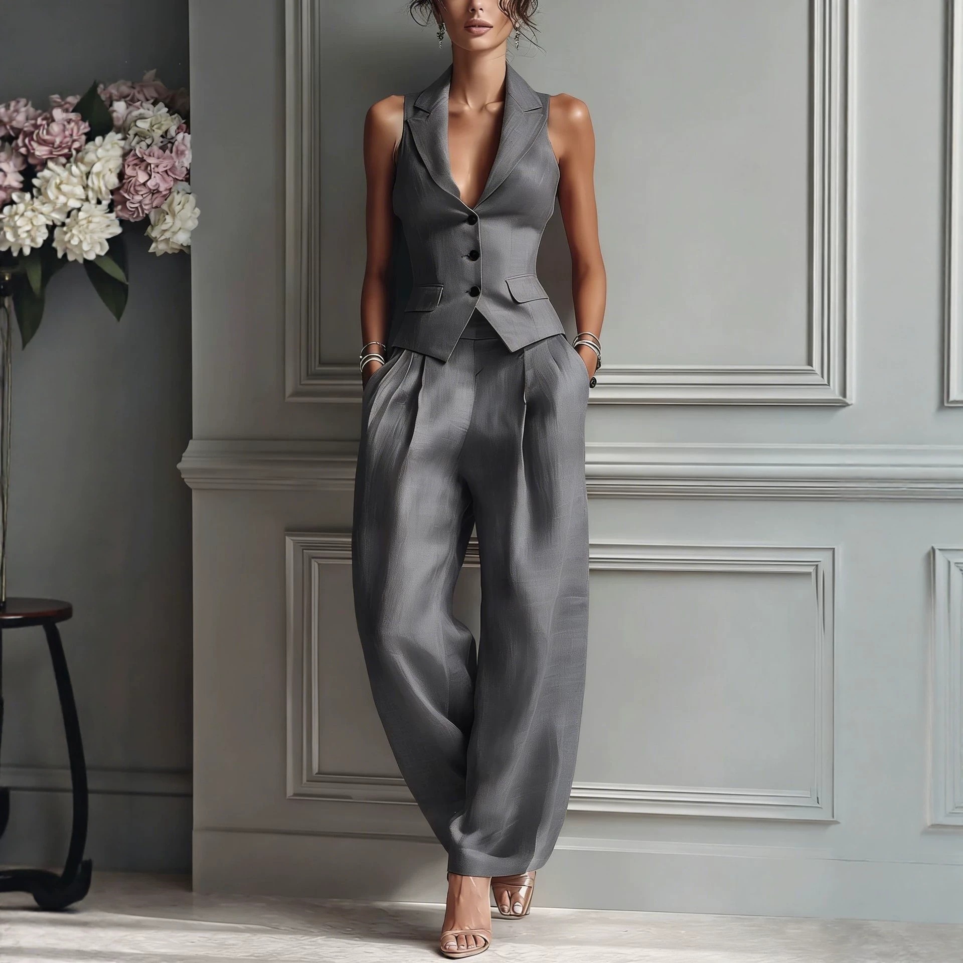 Women's Single-Breasted Vest and Pants Set Casual Relaxed Fit