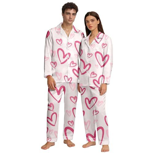 Cuban Collar Heart Print Long Sleeve Women's Set