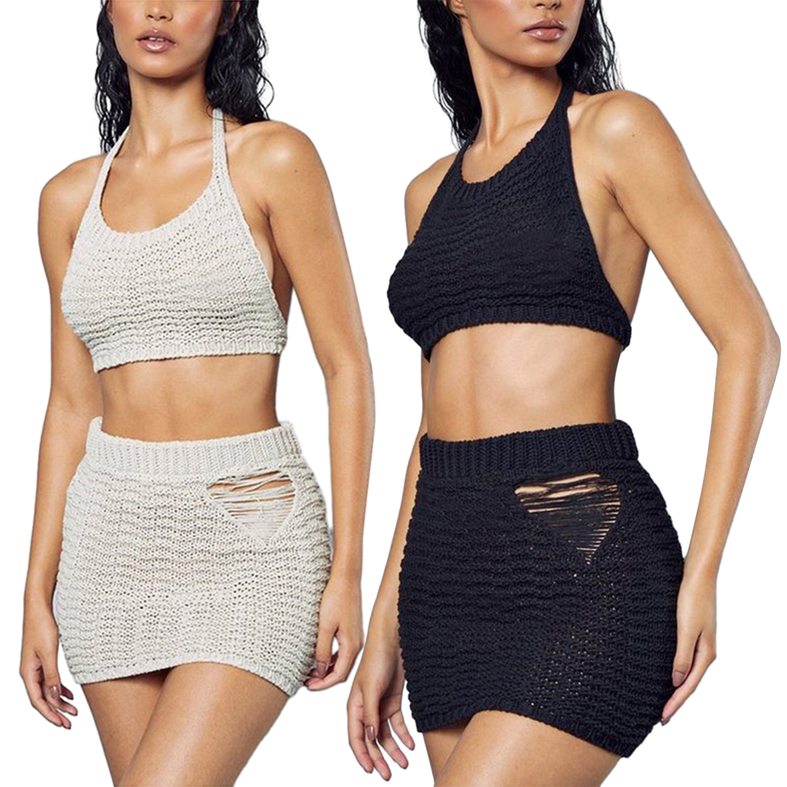 Women's Knit Halter Crop Top and Bodycon Mini Skirt Two-Piece Set