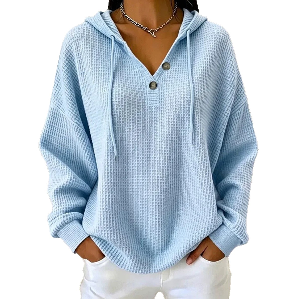 Women's Waffle Knit Drawstring Hoodie Oversized Pullover