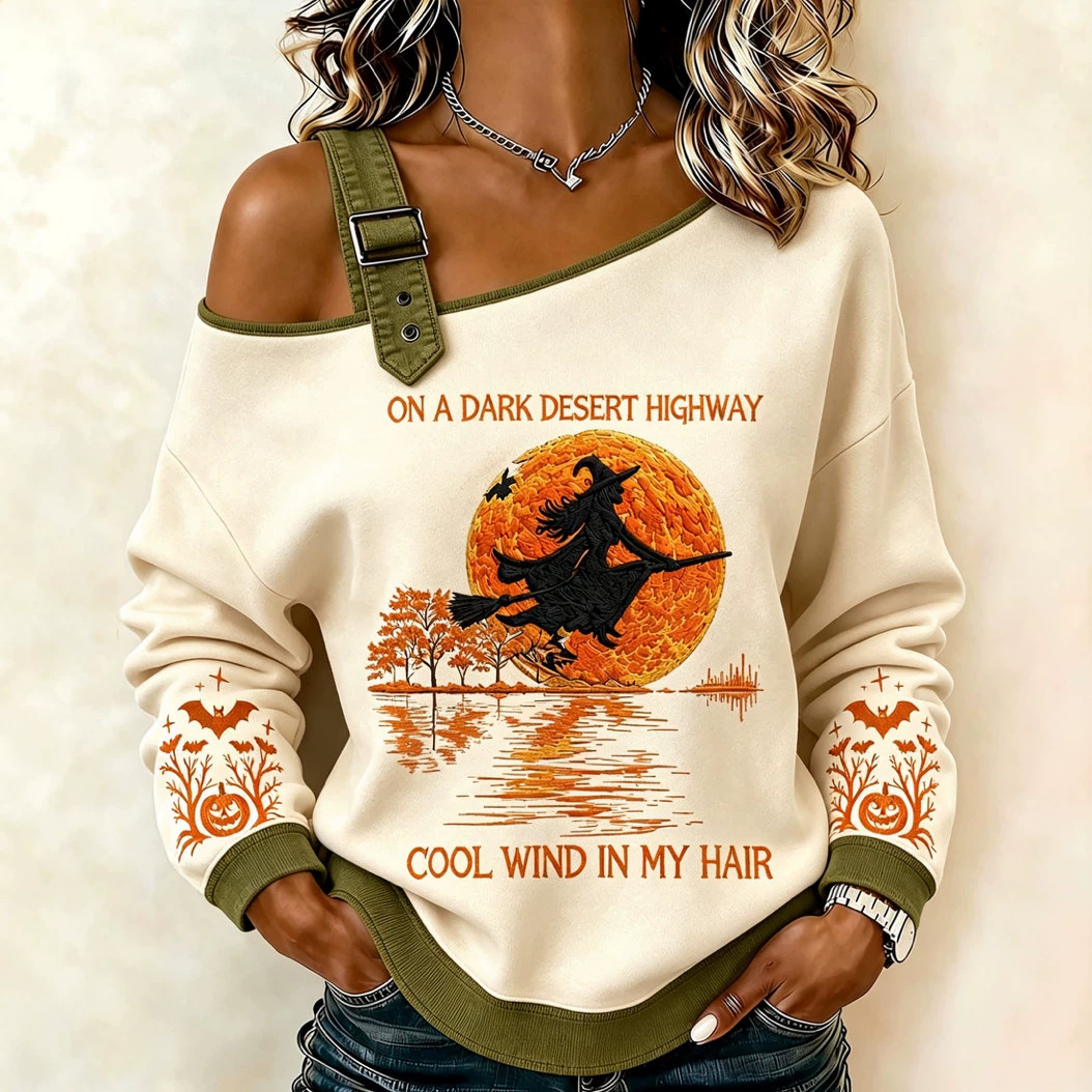 Halloween Witch Broom Print Crewneck Long-Sleeve Lace-Up Sweatshirt