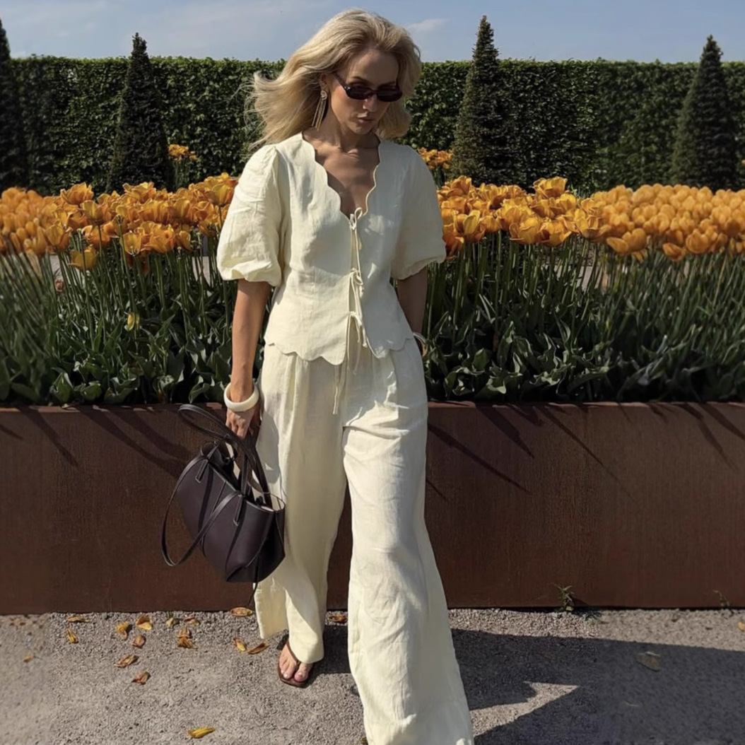 Women's Puff Sleeve Shirt and Pants Set Casual Two-Piece Outfit