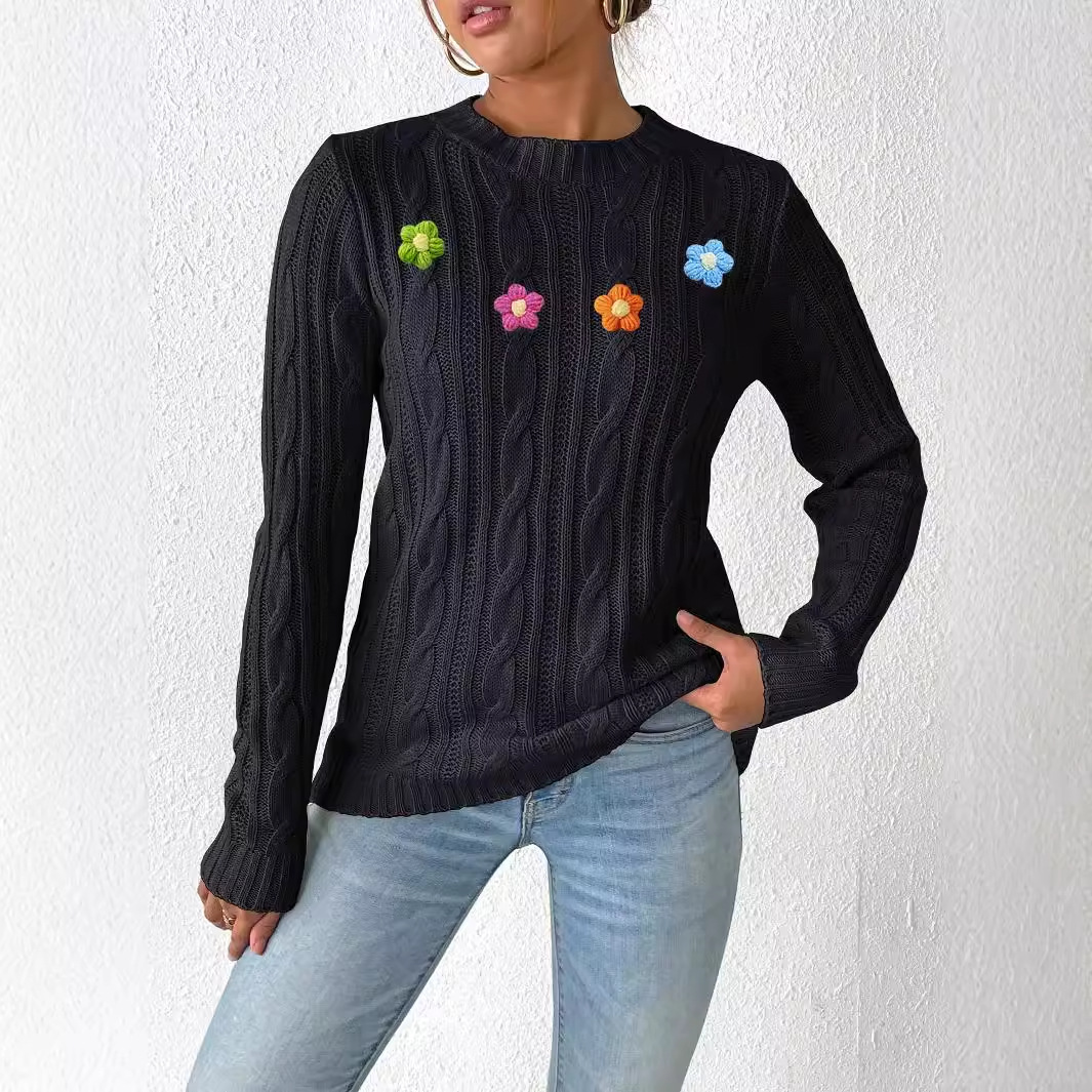 Women's Round Neck Pullover Sweater with Hand-Crochet Floral Appliqué