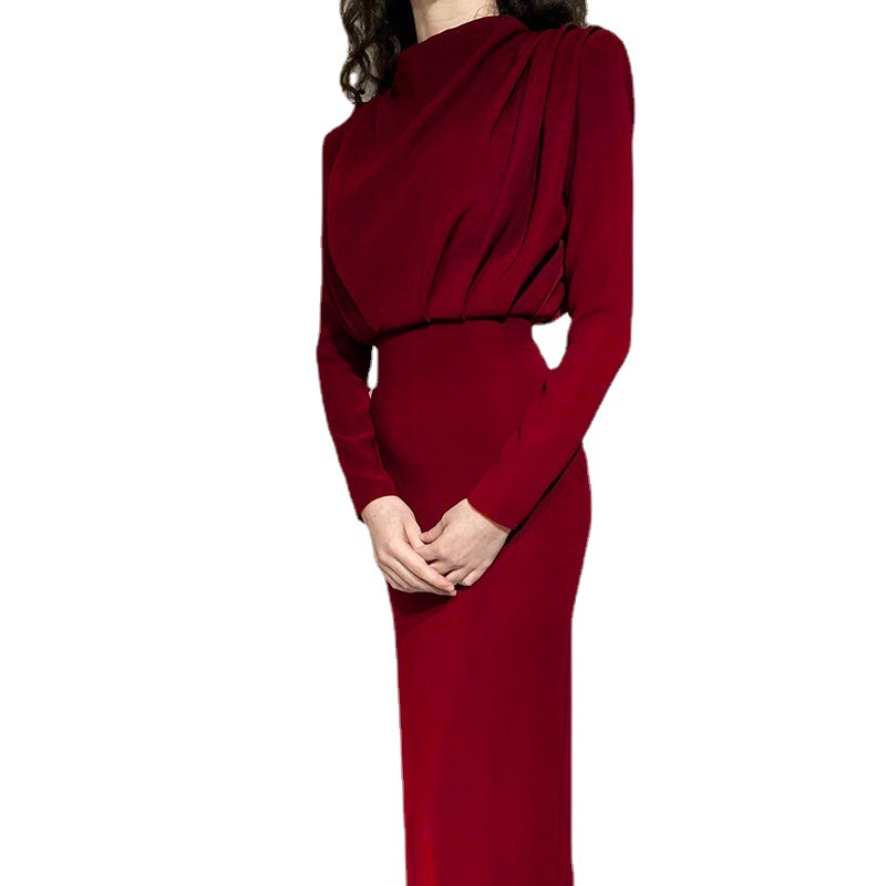 Women's Long Sleeve Solid Color Waist-Cinching Midi Dress
