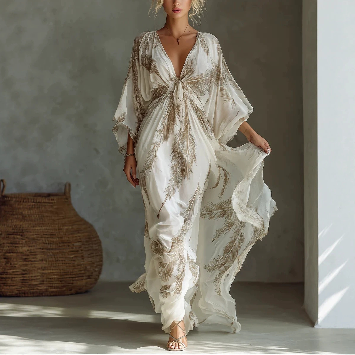 V-Neck 3/4 Sleeve Floral Print Midi Dress with Waist