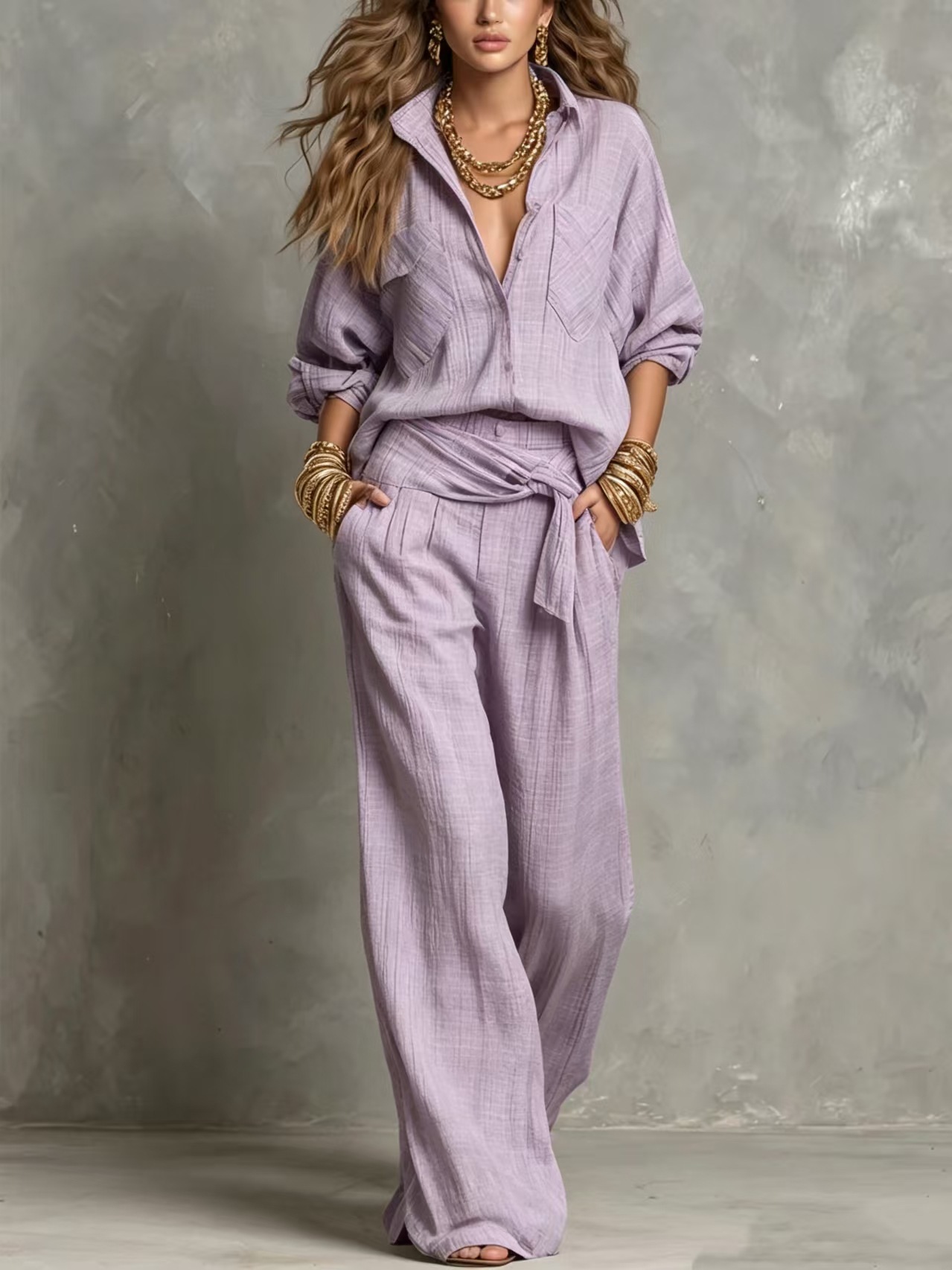Plaid Print Loose Collared Long Sleeve Shirt and Wide Leg Pants Set