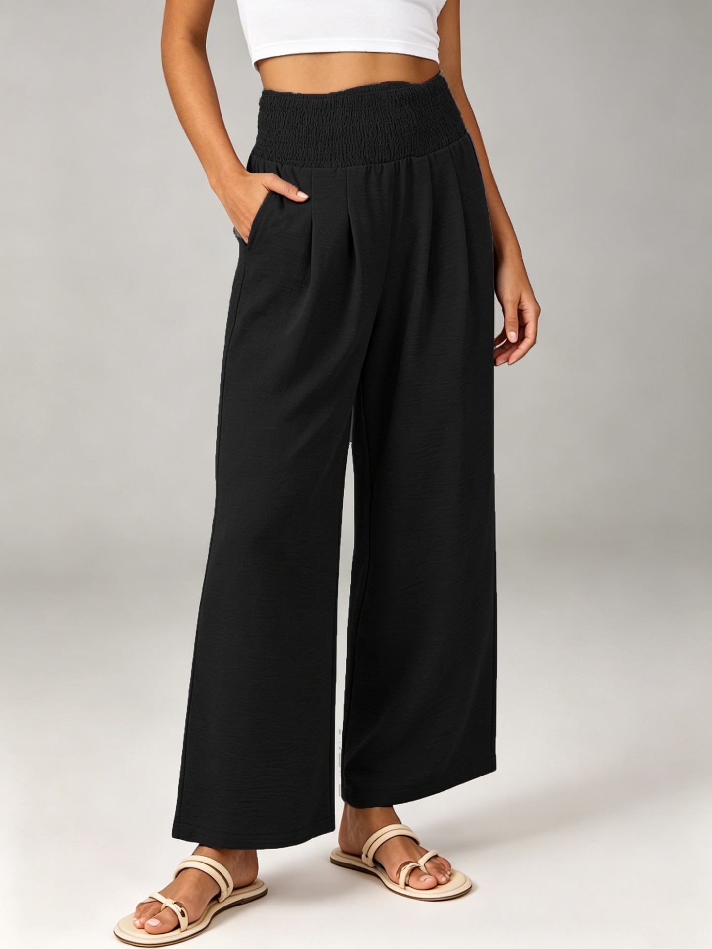 Women's High-Waist Smocked Linen-Blend Wide-Leg Cropped Pants