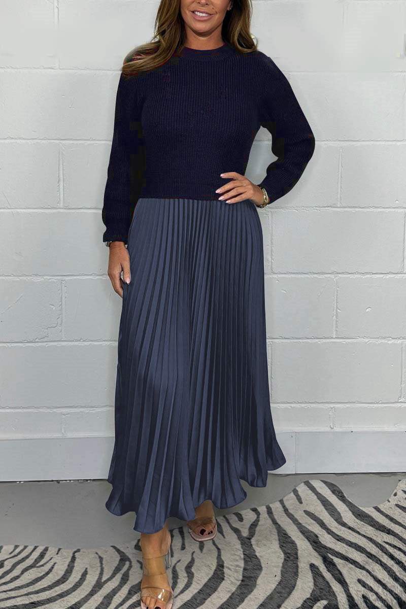 Women's Solid Color Knit Long Sleeve Pleated A-Line Dress
