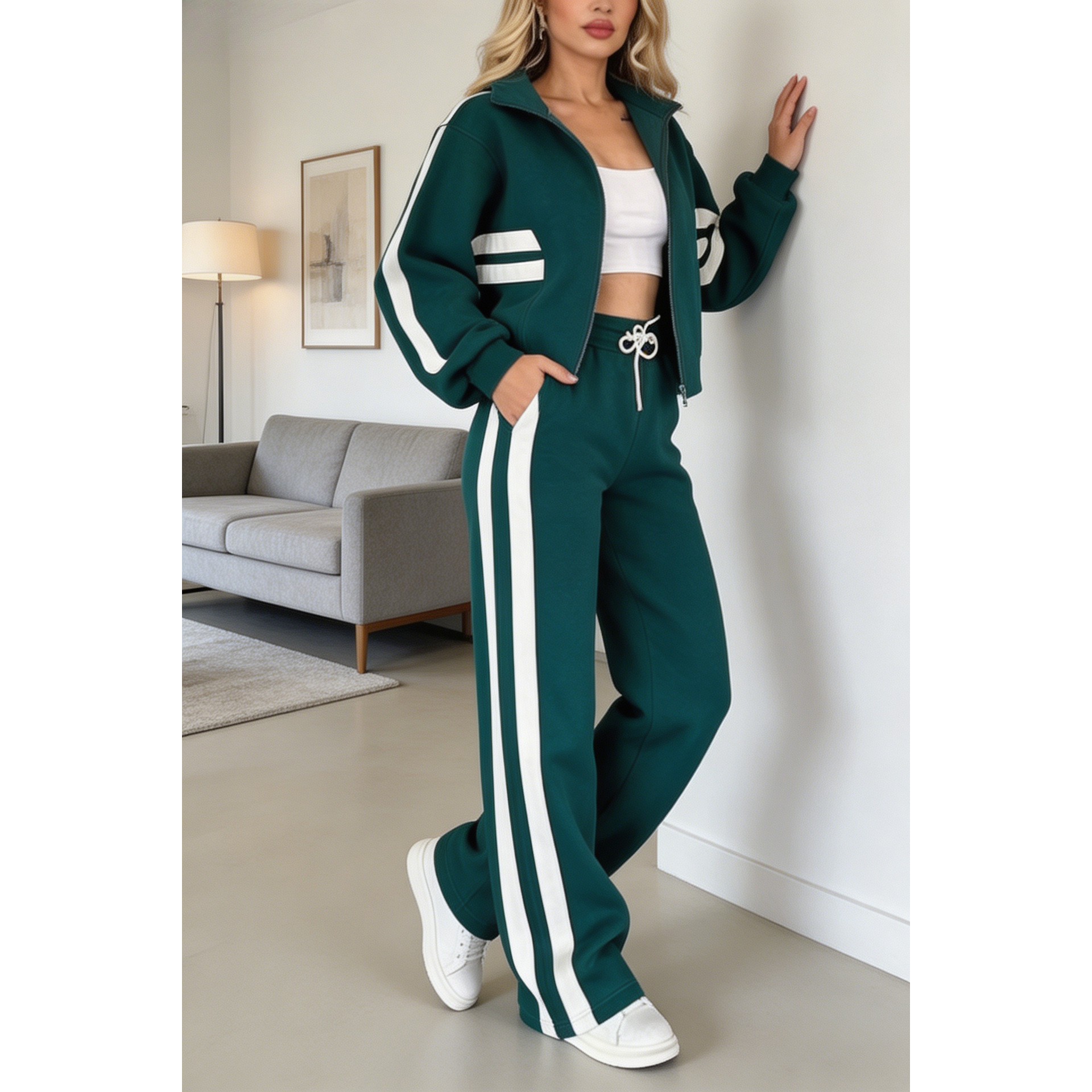 Y2K Striped Zip-Up Top & Pants Casual Tracksuit Set
