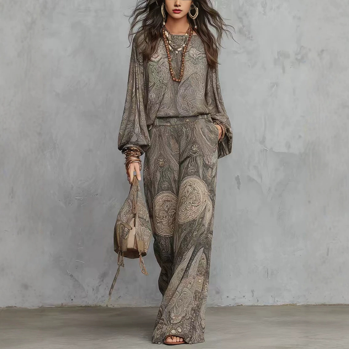 Paisley Print Retro Two-Piece Set with Long-Sleeve Shirt