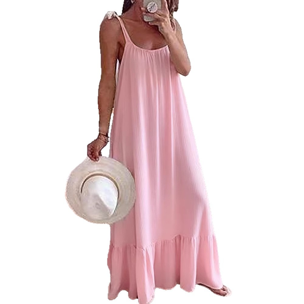 Women's Casual U-Neck Ruched A-Line Long Dress