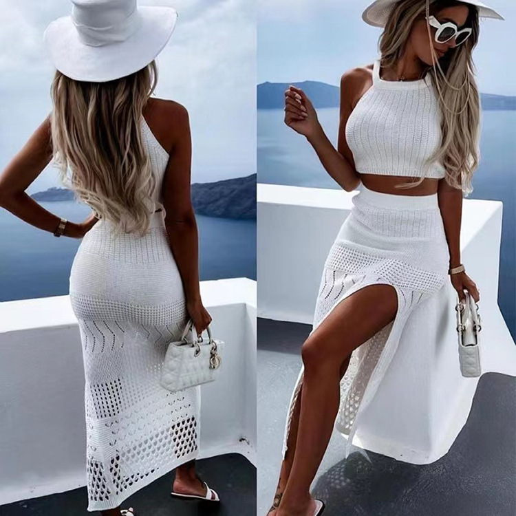 Sleeveless Knit Crop Top and Slit Maxi Skirt Two-Piece Beach Set