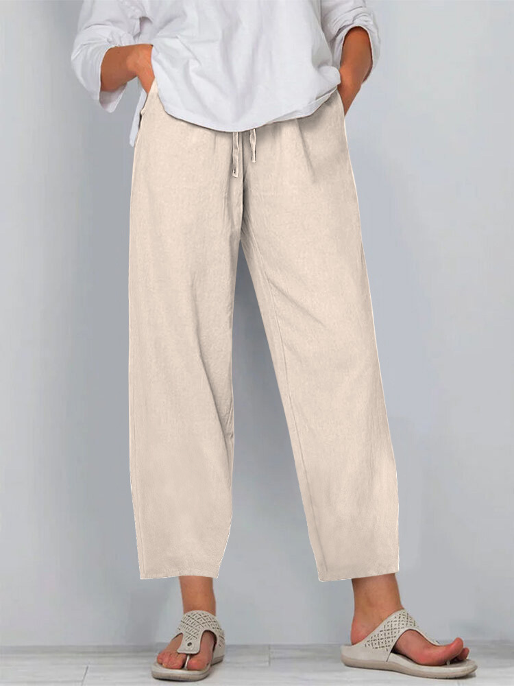 Women's Cotton-Linen Wide-Leg Pants with Elastic Waist Solid Color Casual Long Pants