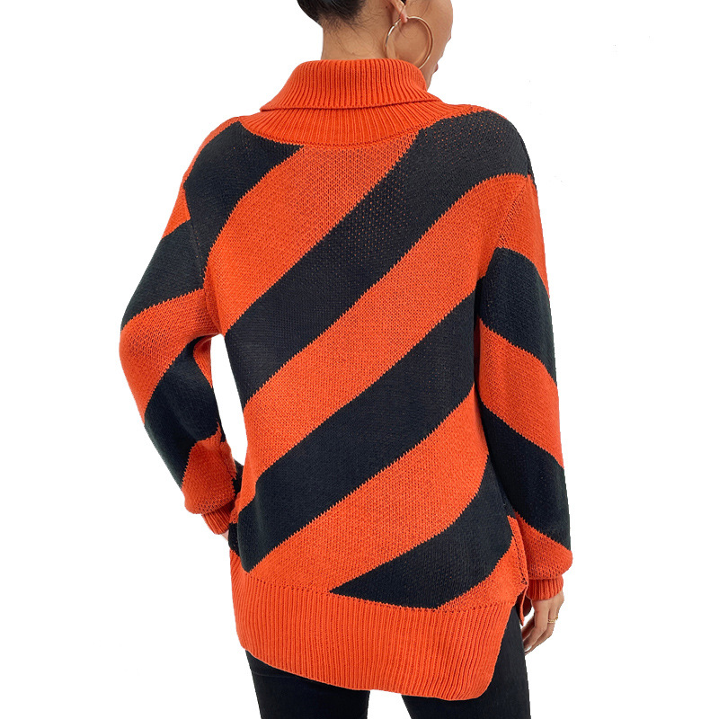 Women's Turtleneck Pullover Sweater Color-Block Diagonal Striped Knit Top