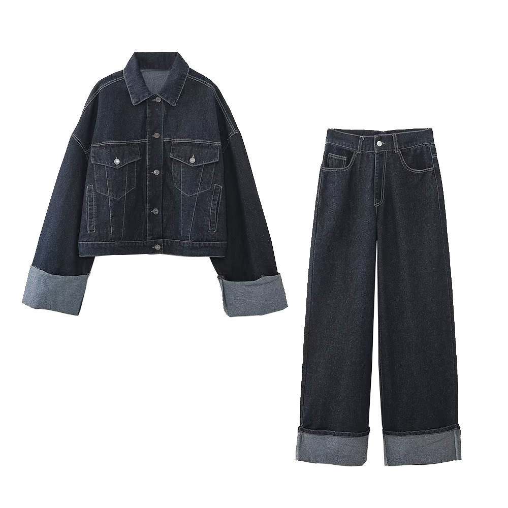 Women's Lapel Denim Jacket with Rolled Flared Sleeves