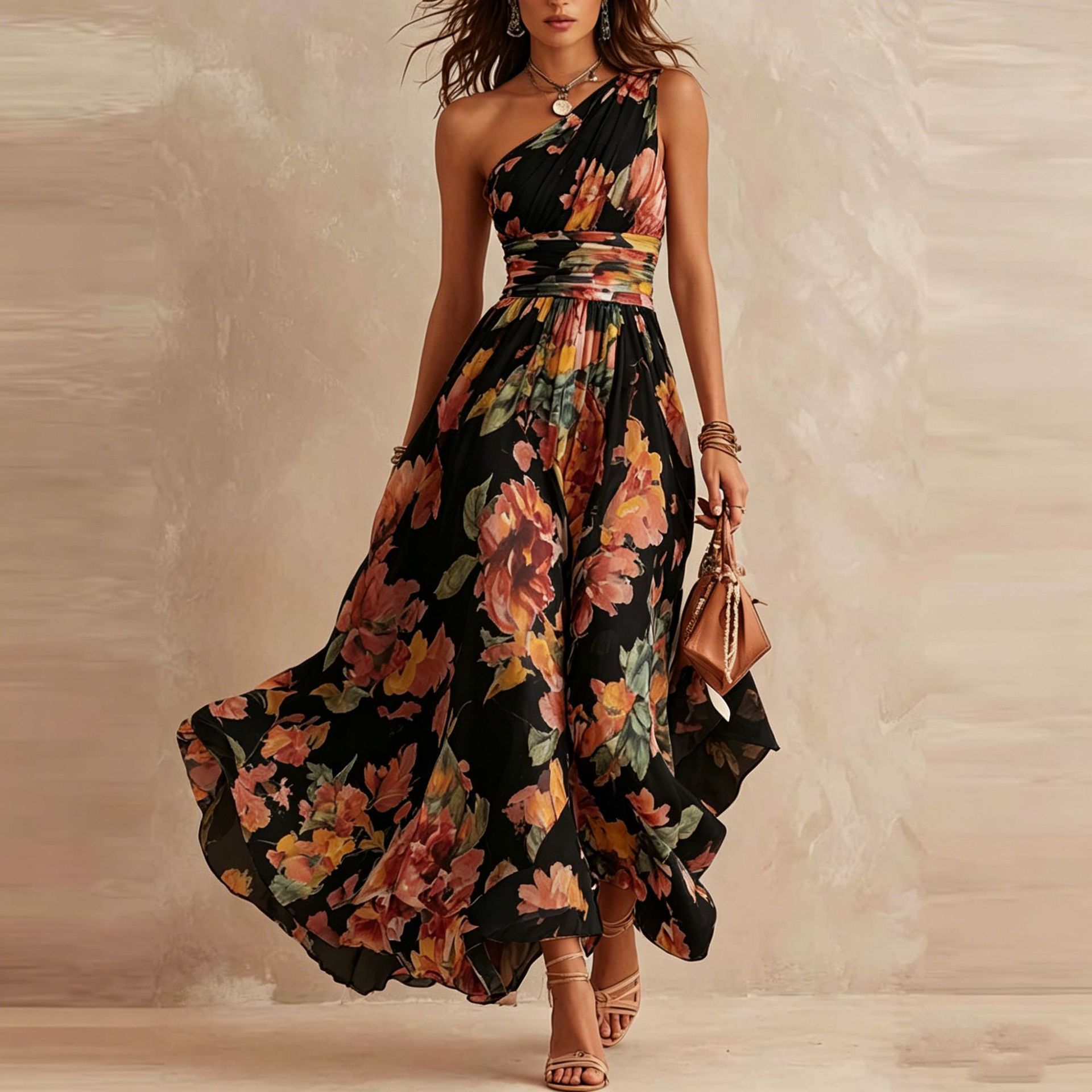 Floral Print Asymmetric Neckline High Waist Sleeveless Maxi Dress