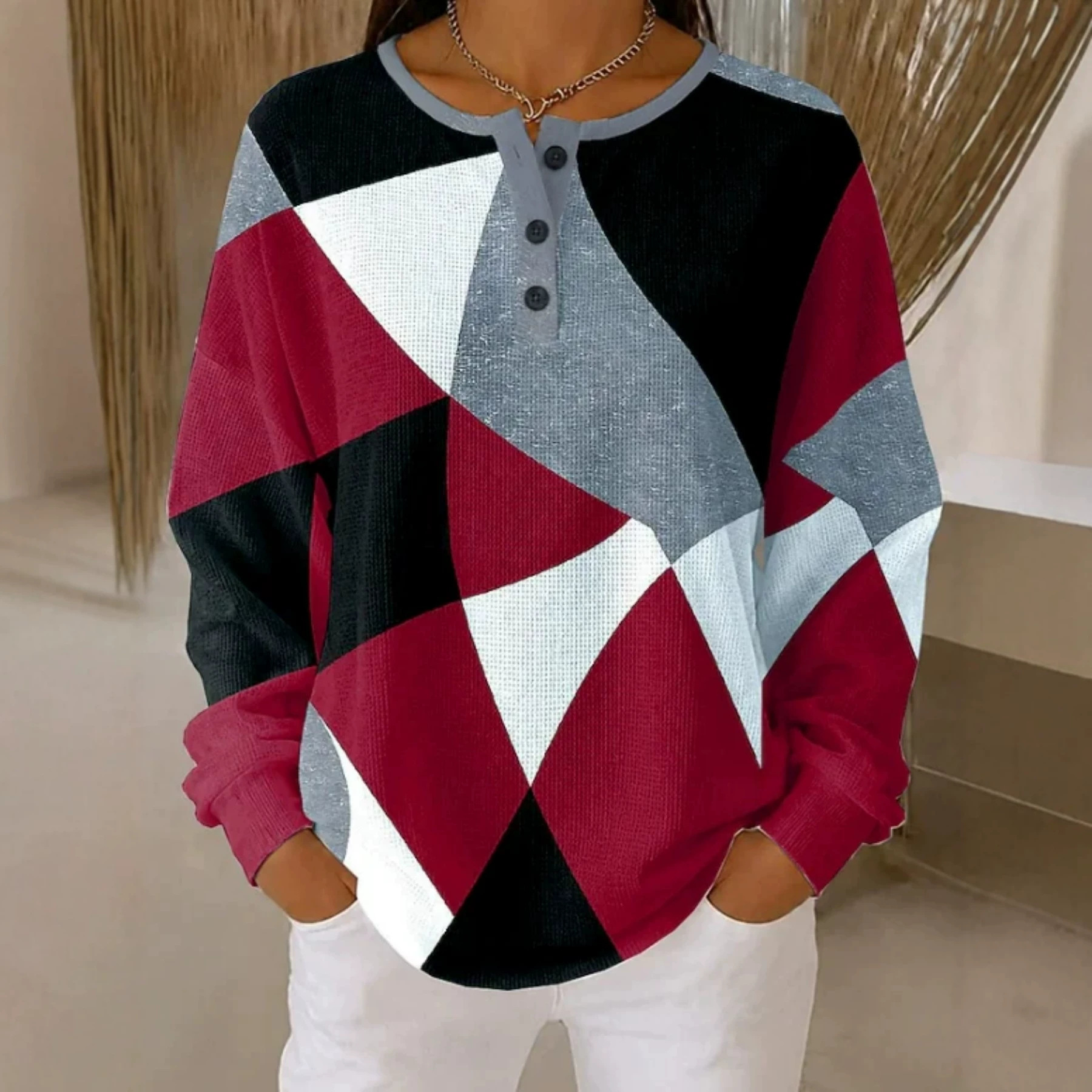 Plaid Colorful Print Crewneck Long Sleeve Pullover Sweatshirt
