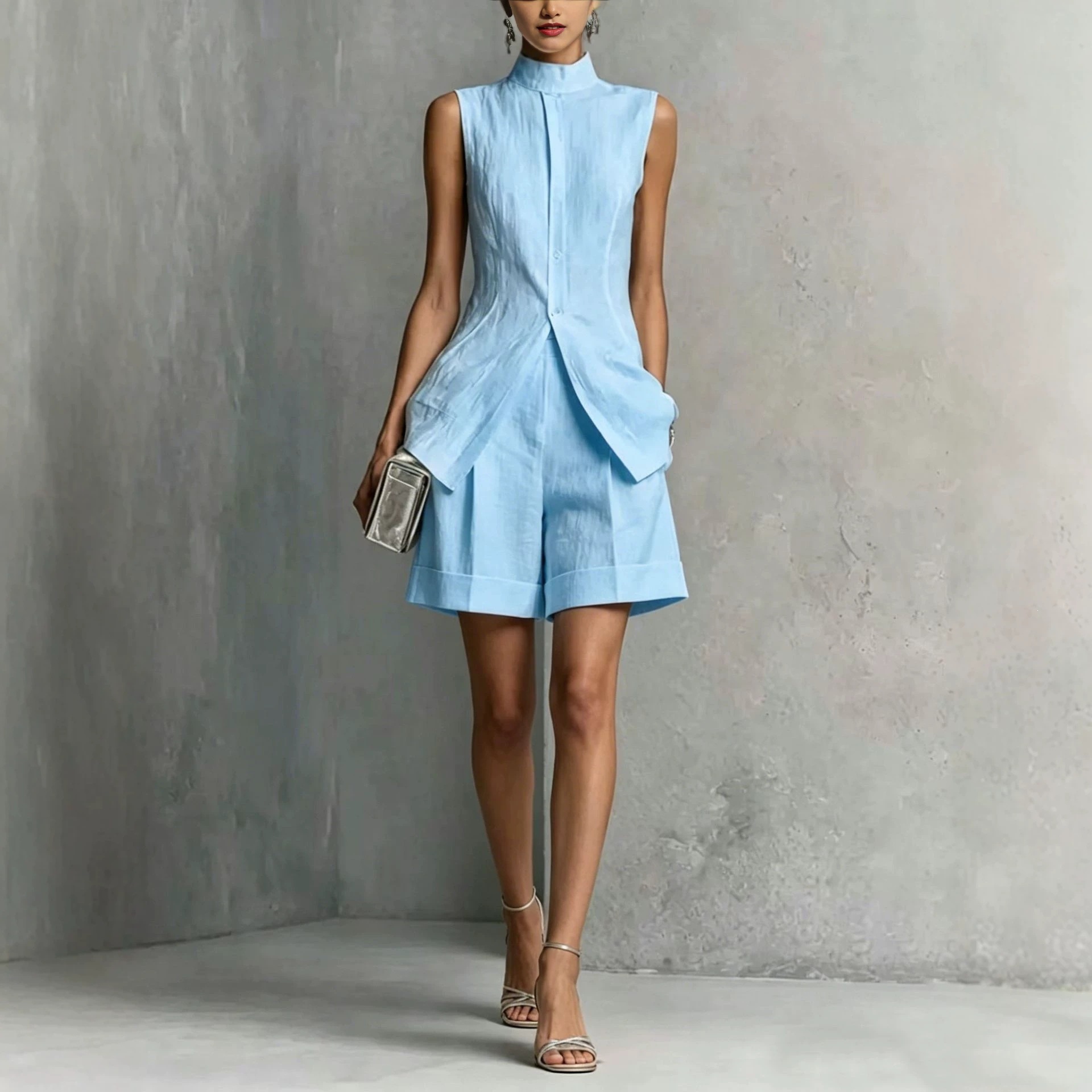 Women's Drapey Solid Sleeveless Top and Shorts Set