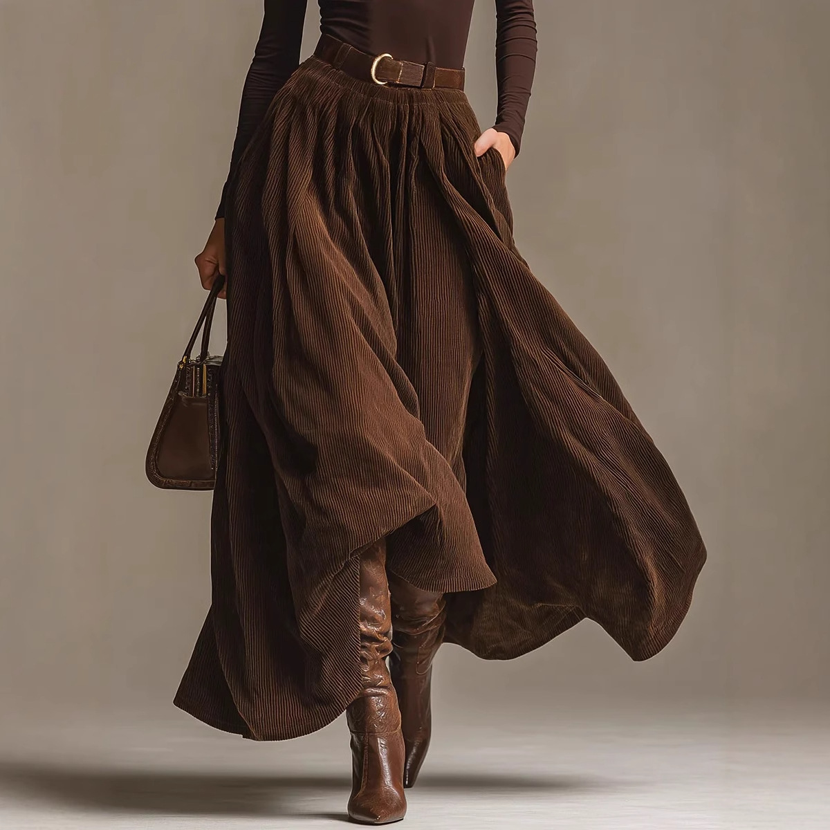 Retro Corduroy High-Waist Flared Midi Skirt & Solid Top Set