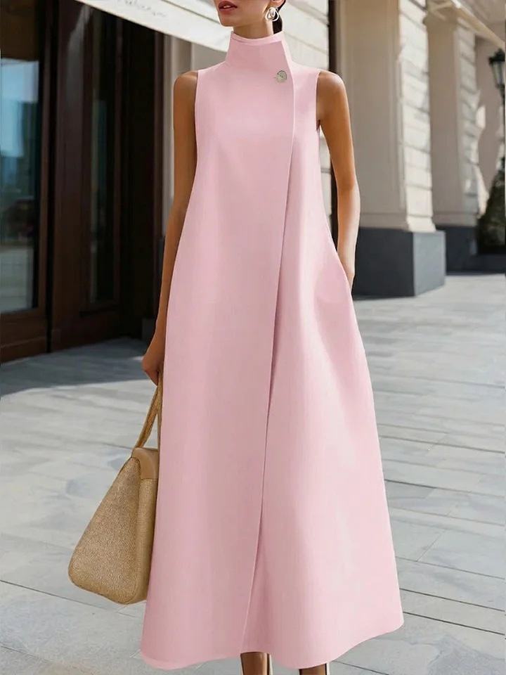 Elegant Stand Collar Sleeveless A-Line Midi Dress