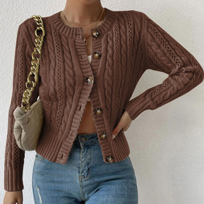 Women's Cable-Knit Button-Front Cardigan Sweater Long Sleeve Crew Neck