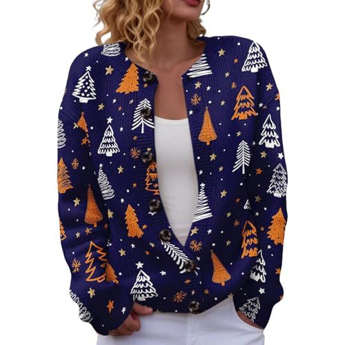 Women's Christmas Tree Snowflake Snowman Reindeer Print Button Cardigan Sweater