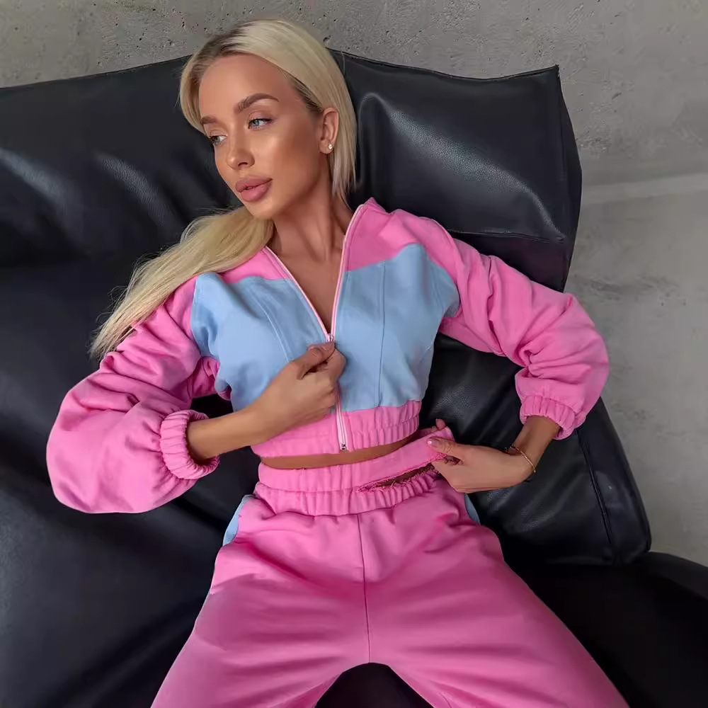 Women's Color-Block Zip Cardigan and Pants Two-Piece Set