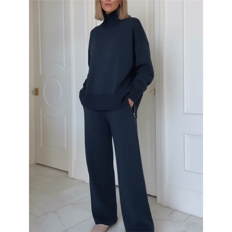 Women's Relaxed Solid Color Sweatshirt & Wide-Leg Pants Two-Piece Set