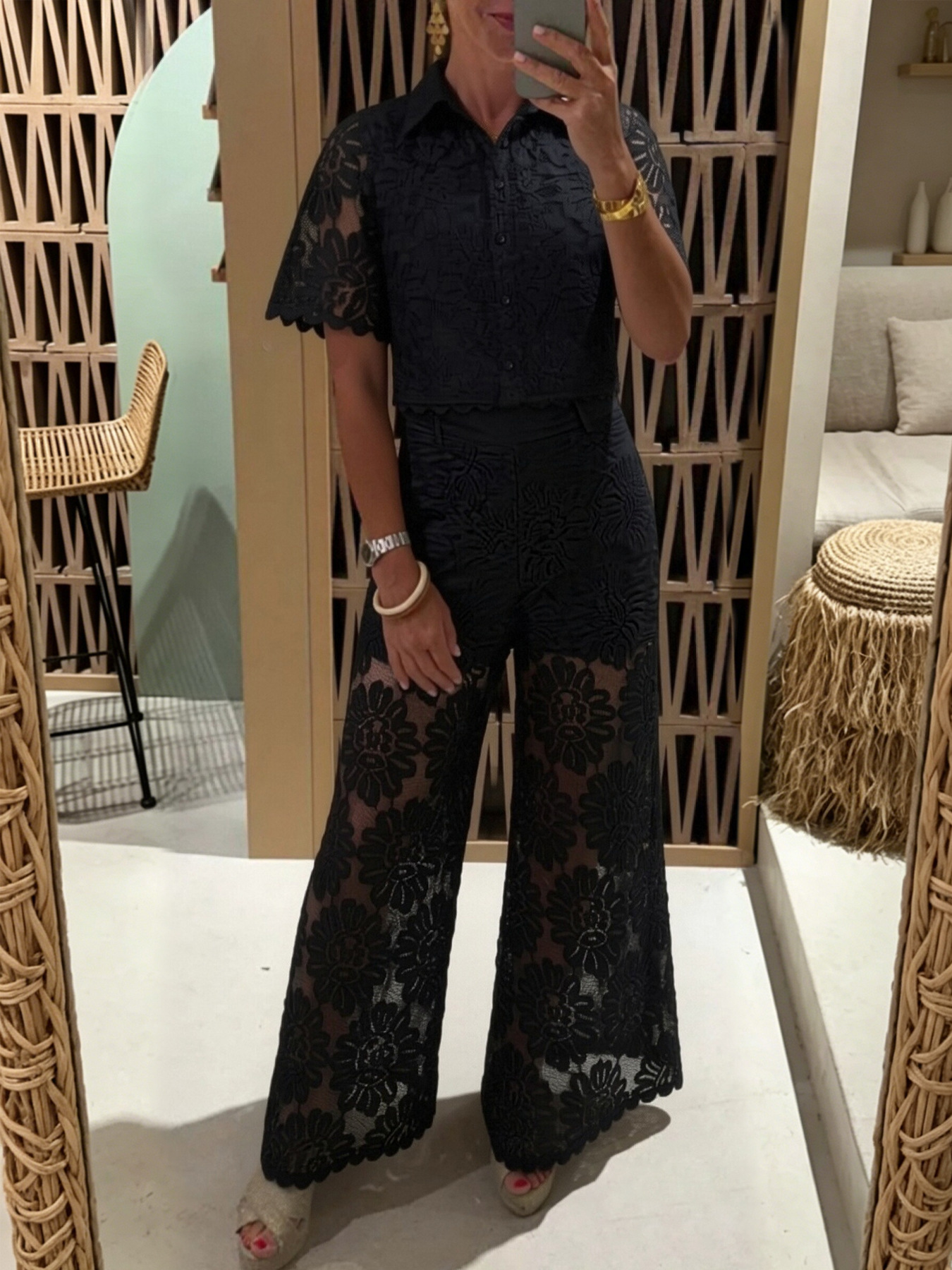 Women's Lace Crochet Short Sleeve Collared High Waist Pants Set