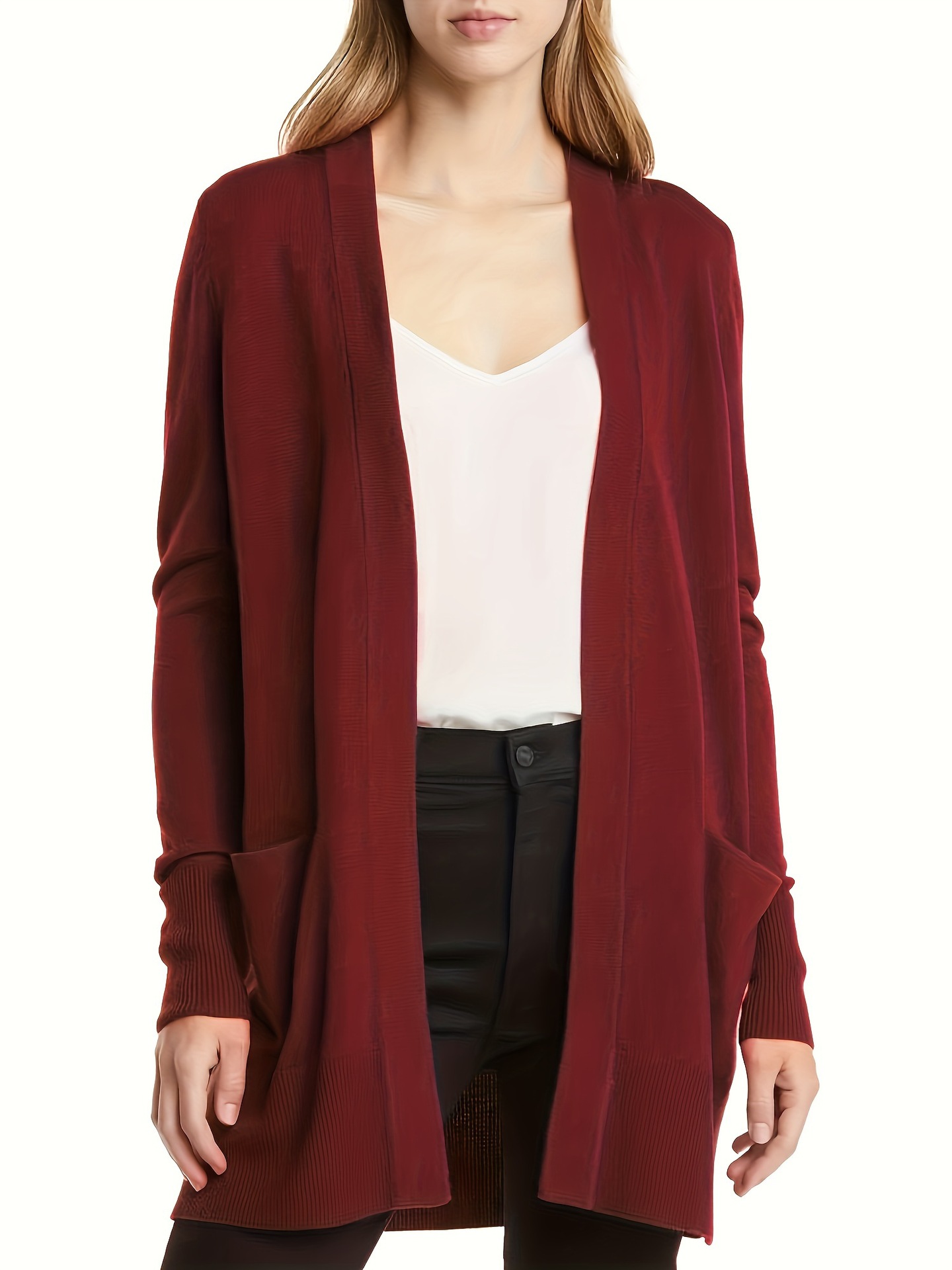 Women's Mid-Length Open-Front Wool Cardigan Sweater, Loose Fit, Solid Color