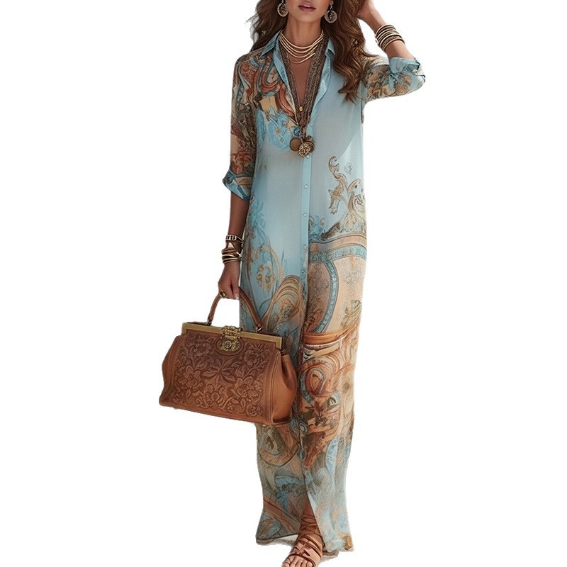 Women's Summer Floral Print Long Sleeve A-Line Maxi Dress