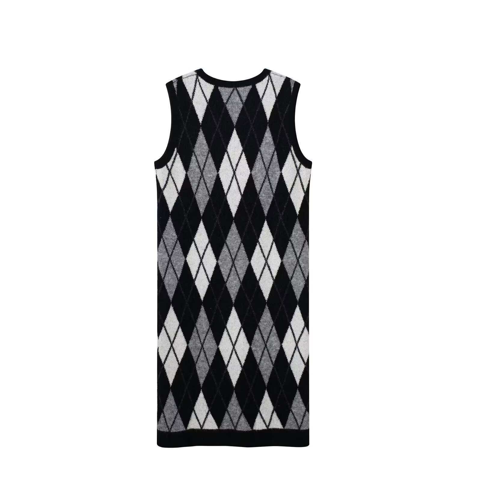 Women's Retro Argyle V-Neck Sleeveless Knit Dress