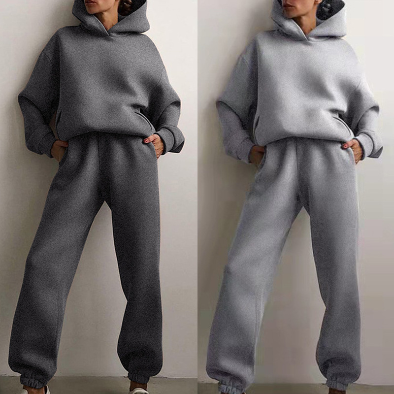 Women's Solid Color Hooded Sweatshirt and Pants Two-Piece Casual Set