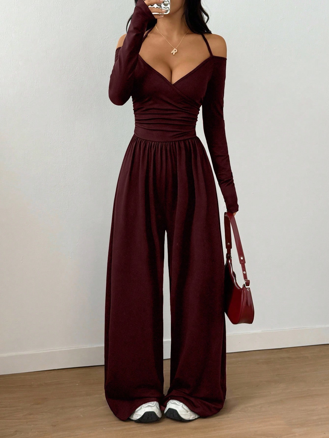 V-Neck Halter Tie Long Sleeve Wide Leg Jumpsuit with Waist