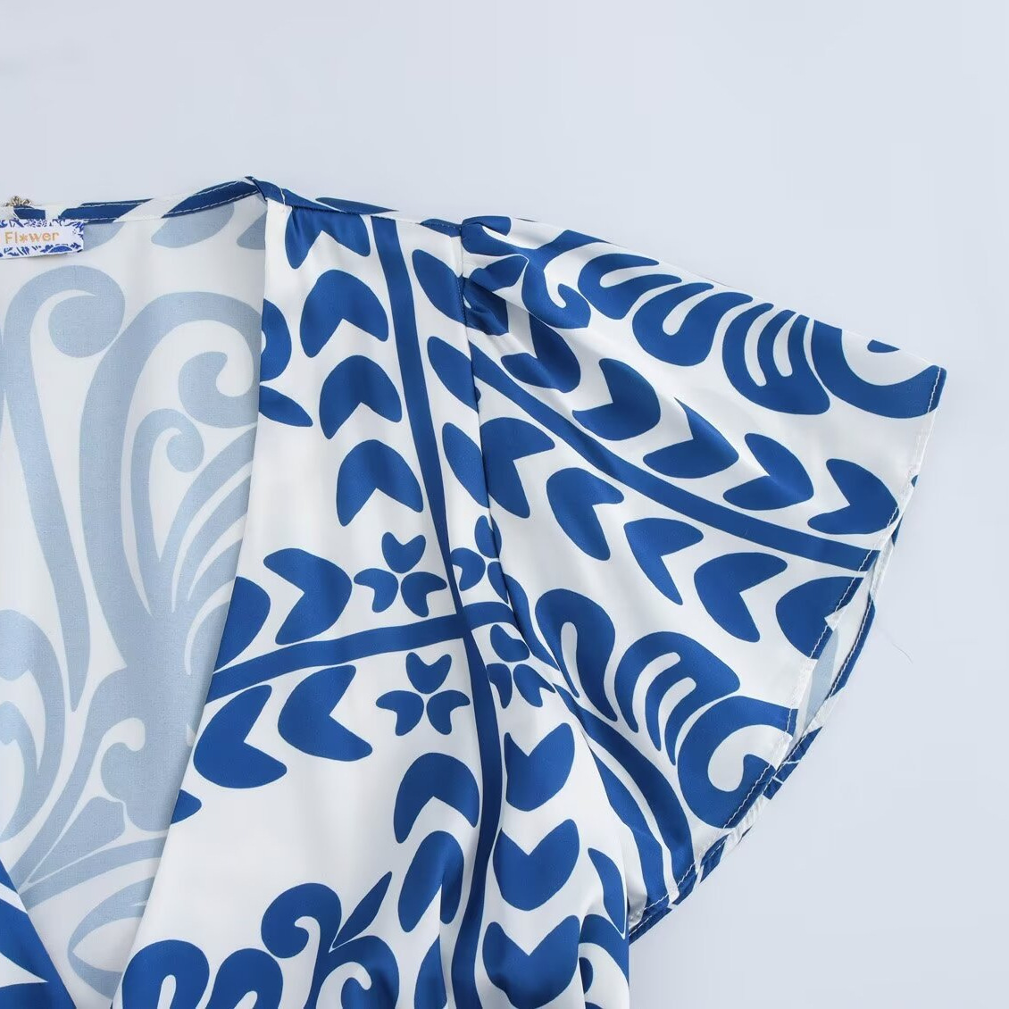 V-Neck Print Long Dress Sleeveless High Waist A-Line Blue